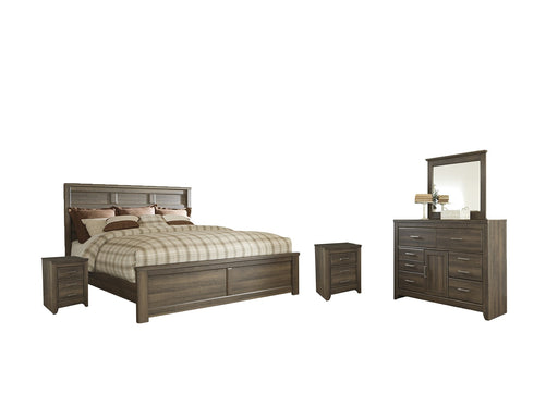 Juararo California King Panel Bed with Mirrored Dresser and 2 Nightstands Homeline Furniture