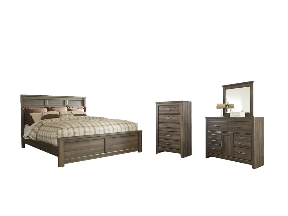 Juararo California King Panel Bed with Mirrored Dresser and Chest Homeline Furniture