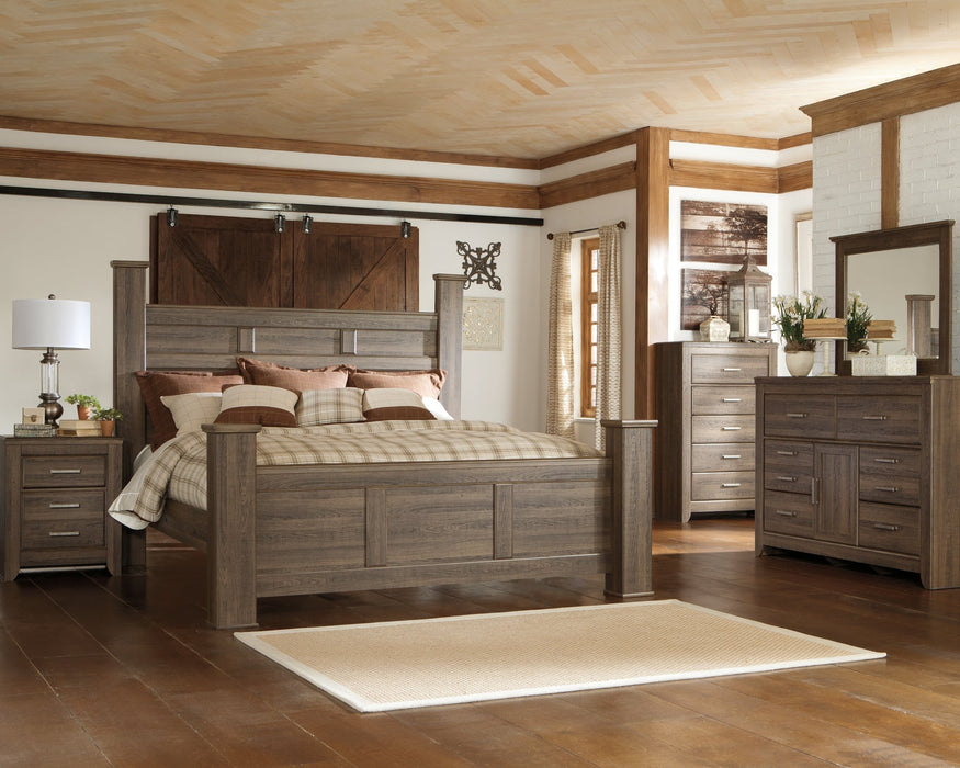 Juararo California King Poster Bed with Mirrored Dresser, Chest and 2 Nightstands Homeline Furniture