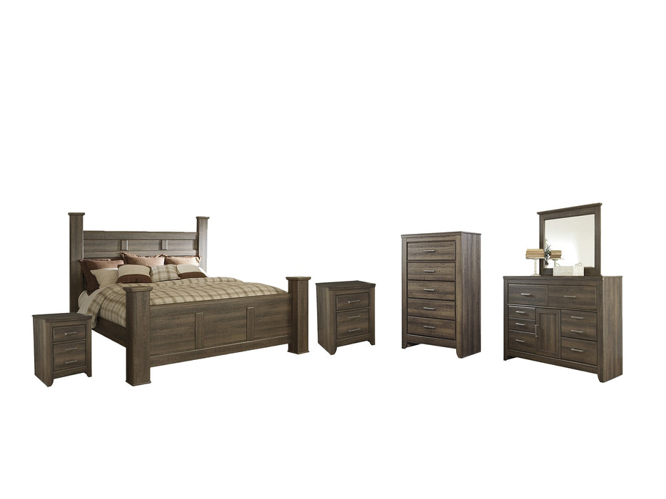 Juararo California King Poster Bed with Mirrored Dresser, Chest and 2 Nightstands Homeline Furniture