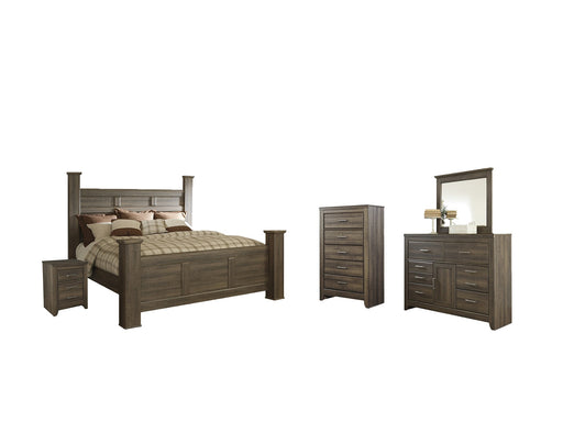 Juararo California King Poster Bed with Mirrored Dresser, Chest and Nightstand Homeline Furniture