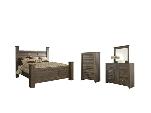 Juararo California King Poster Bed with Mirrored Dresser and Chest Homeline Furniture