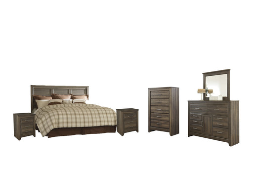 Juararo King/California King Panel Headboard with Mirrored Dresser, Chest and 2 Nightstands Homeline Furniture