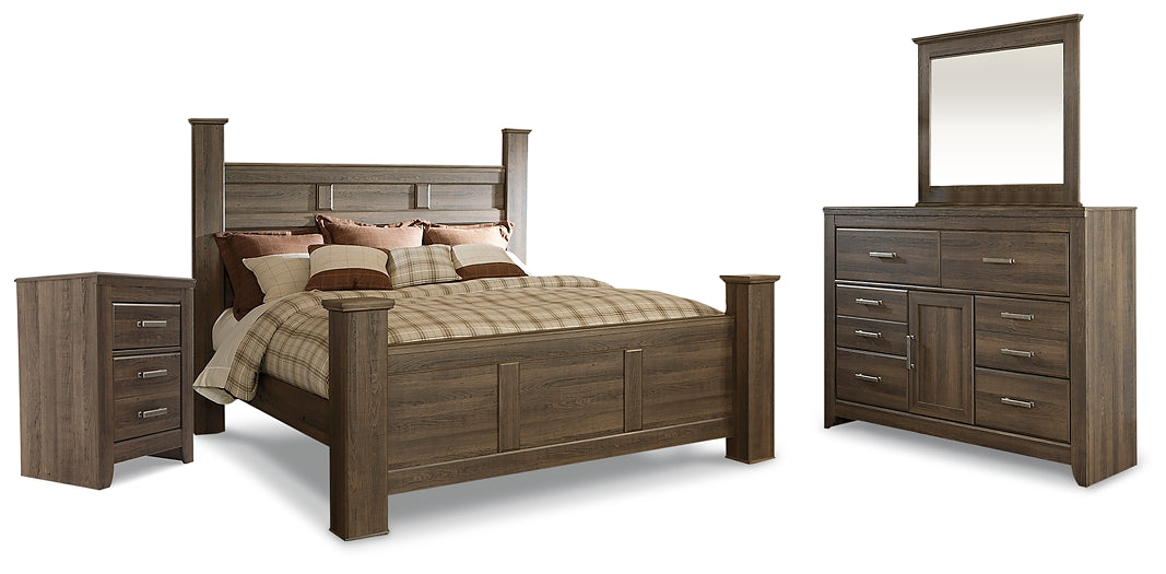 Juararo King Poster Bed with Mirrored Dresser and Nightstand Homeline Furniture