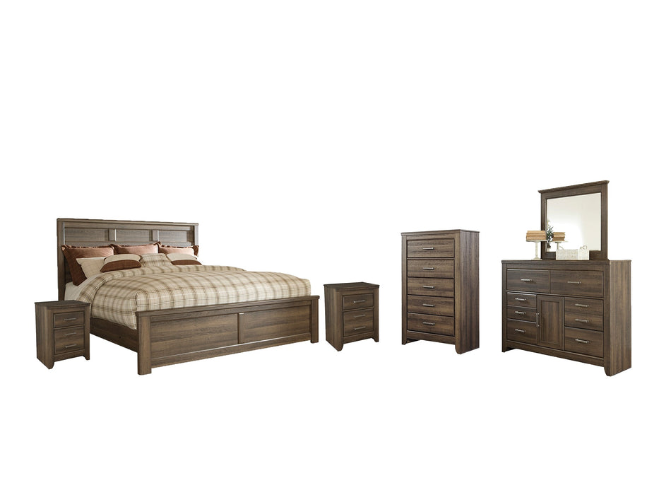 Juararo Queen Panel Bed with Mirrored Dresser, Chest and 2 Nightstands Homeline Furniture