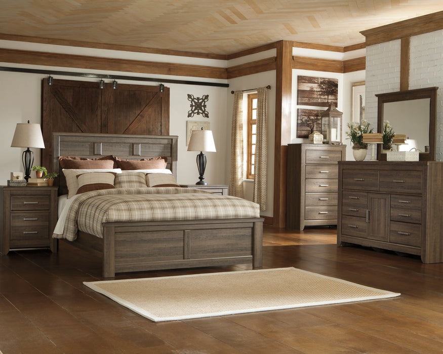 Juararo Queen Panel Bed with Mirrored Dresser, Chest and Nightstand Homeline Furniture