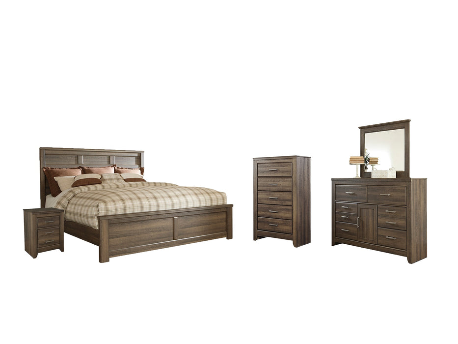 Juararo Queen Panel Bed with Mirrored Dresser, Chest and Nightstand Homeline Furniture