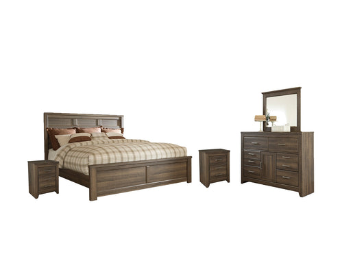 Juararo Queen Panel Bed with Mirrored Dresser and 2 Nightstands Homeline Furniture