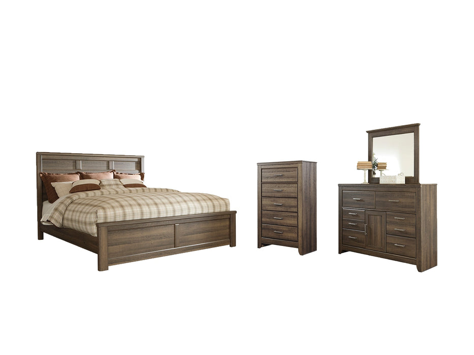 Juararo Queen Panel Bed with Mirrored Dresser and Chest Homeline Furniture