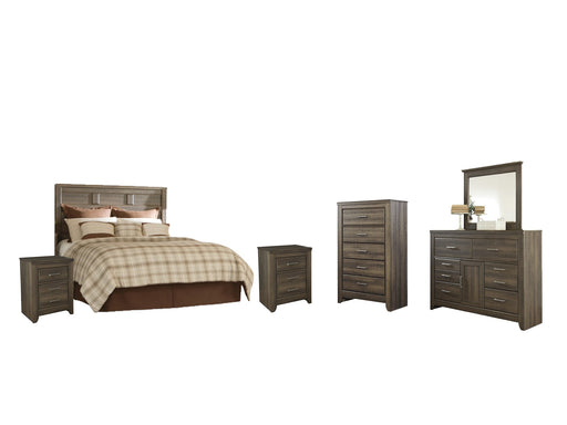 Juararo Queen Panel Headboard with Mirrored Dresser, Chest and 2 Nightstands Homeline Furniture