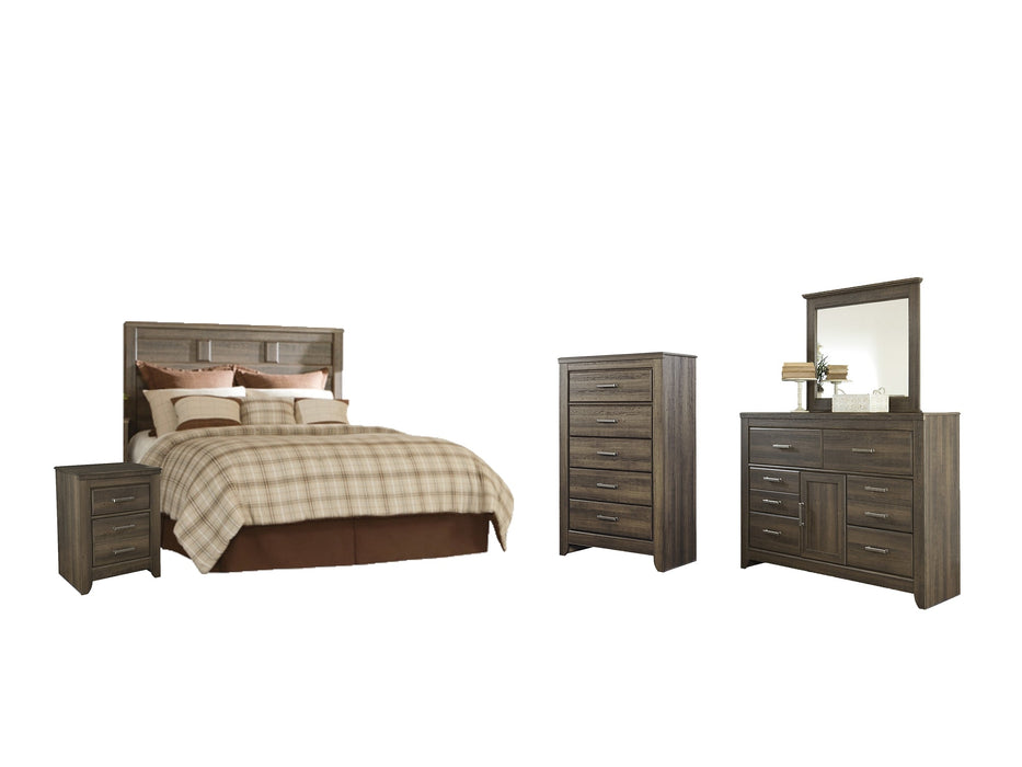 Juararo Queen Panel Headboard with Mirrored Dresser, Chest and Nightstand Homeline Furniture