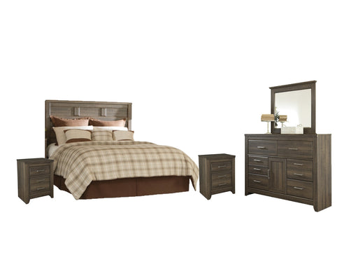 Juararo Queen Panel Headboard with Mirrored Dresser and 2 Nightstands Homeline Furniture