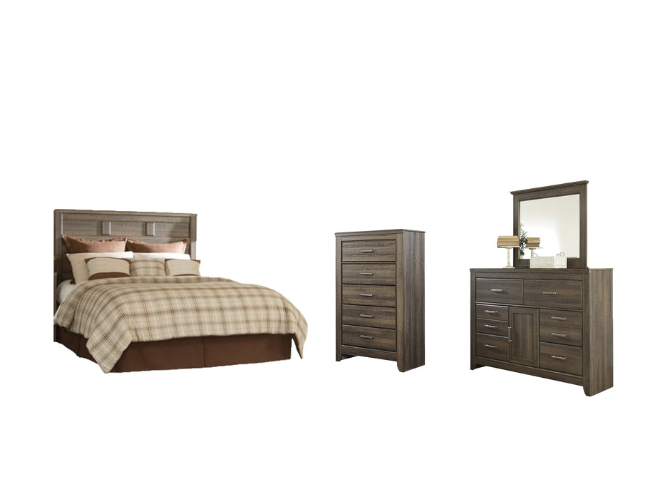 Juararo Queen Panel Headboard with Mirrored Dresser and Chest Homeline Furniture