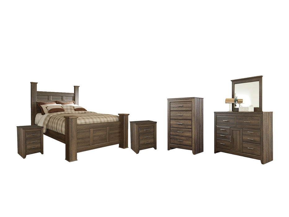 Juararo Queen Poster Bed with Mirrored Dresser, Chest and 2 Nightstands Homeline Furniture