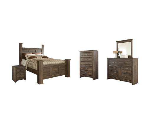 Juararo Queen Poster Bed with Mirrored Dresser, Chest and Nightstand Homeline Furniture