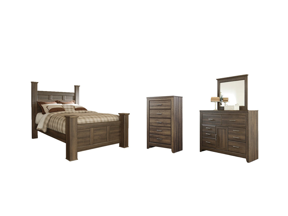 Juararo Queen Poster Bed with Mirrored Dresser and Chest Homeline Furniture