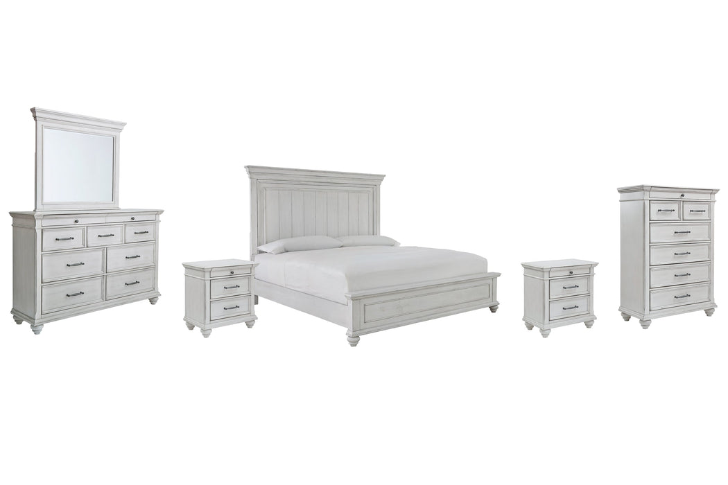 Kanwyn King Panel Bed with Mirrored Dresser, Chest and 2 Nightstands Homeline Furniture