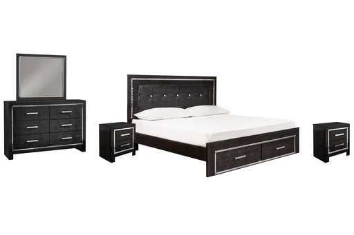 Kaydell King Panel Bed with Storage with Mirrored Dresser and 2 Nightstands Homeline Furniture