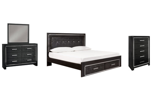 Kaydell King Panel Bed with Storage with Mirrored Dresser and Chest Homeline Furniture