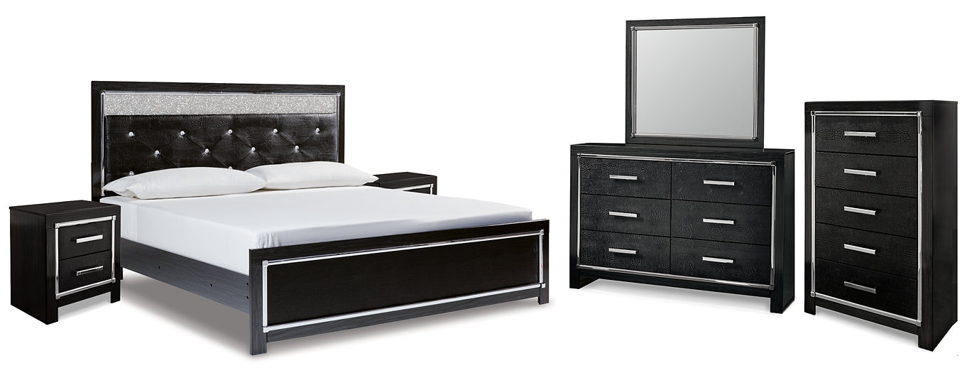 Kaydell King Upholstered Panel Bed with Mirrored Dresser, Chest and 2 Nightstands Homeline Furniture