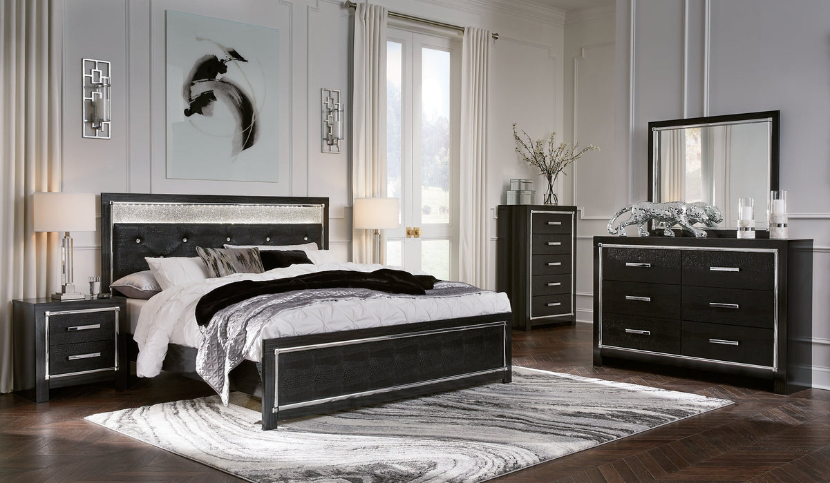 Kaydell King Upholstered Panel Bed with Mirrored Dresser, Chest and 2 Nightstands Homeline Furniture