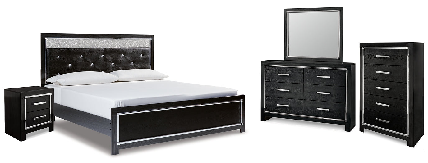 Kaydell King Upholstered Panel Bed with Mirrored Dresser, Chest and Nightstand Homeline Furniture