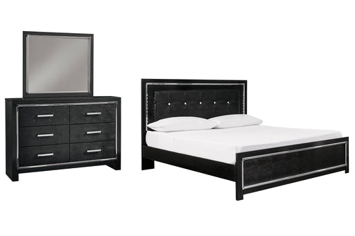 Kaydell King Upholstered Panel Bed with Mirrored Dresser Homeline Furniture