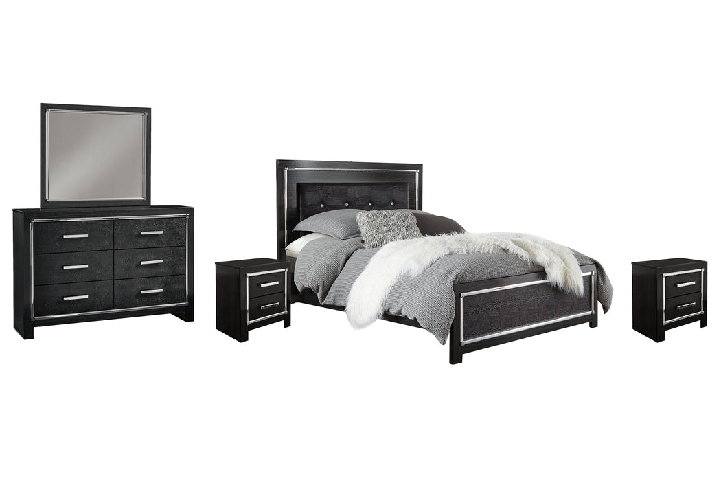 Kaydell King Upholstered Panel Bed with Mirrored Dresser and 2 Nightstands Homeline Furniture