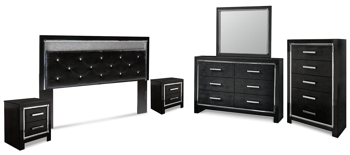 Kaydell King Upholstered Panel Headboard with Mirrored Dresser, Chest and 2 Nightstands Homeline Furniture