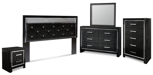 Kaydell King Upholstered Panel Headboard with Mirrored Dresser, Chest and Nightstand Homeline Furniture