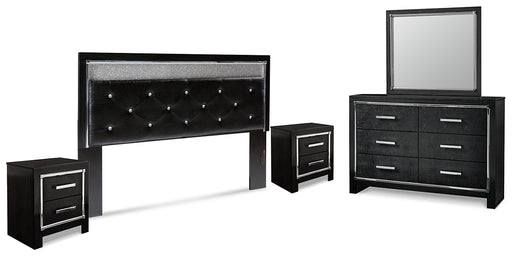 Kaydell King Upholstered Panel Headboard with Mirrored Dresser and 2 Nightstands Homeline Furniture