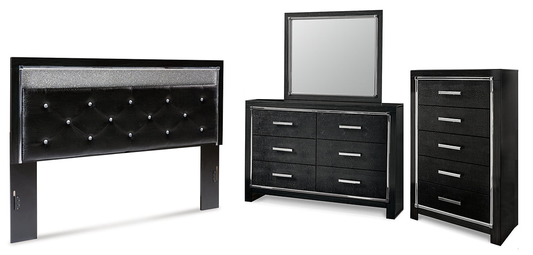 Kaydell King Upholstered Panel Headboard with Mirrored Dresser and Chest Homeline Furniture