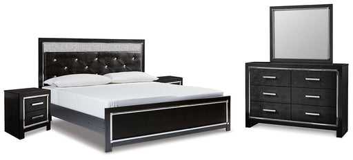 Kaydell King Upholstered Panel Platform Bed with Mirrored Dresser and 2 Nightstands Homeline Furniture