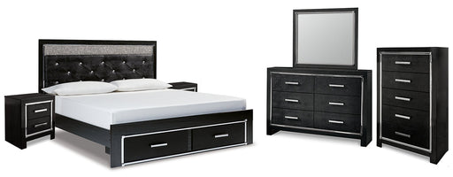 Kaydell King Upholstered Panel Storage Bed with Mirrored Dresser, Chest and 2 Nightstands Homeline Furniture