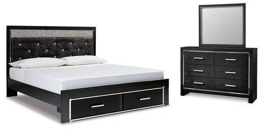 Kaydell King Upholstered Panel Storage Bed with Mirrored Dresser Homeline Furniture