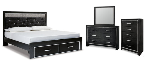 Kaydell King Upholstered Panel Storage Bed with Mirrored Dresser and Chest Homeline Furniture