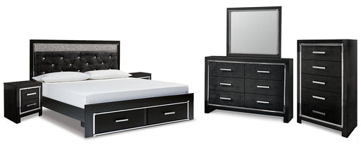 Kaydell King Upholstered Panel Storage Platform Bed with Mirrored Dresser, Chest and 2 Nightstands Homeline Furniture