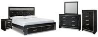 Kaydell King Upholstered Panel Storage Platform Bed with Mirrored Dresser, Chest and Nightstand Homeline Furniture