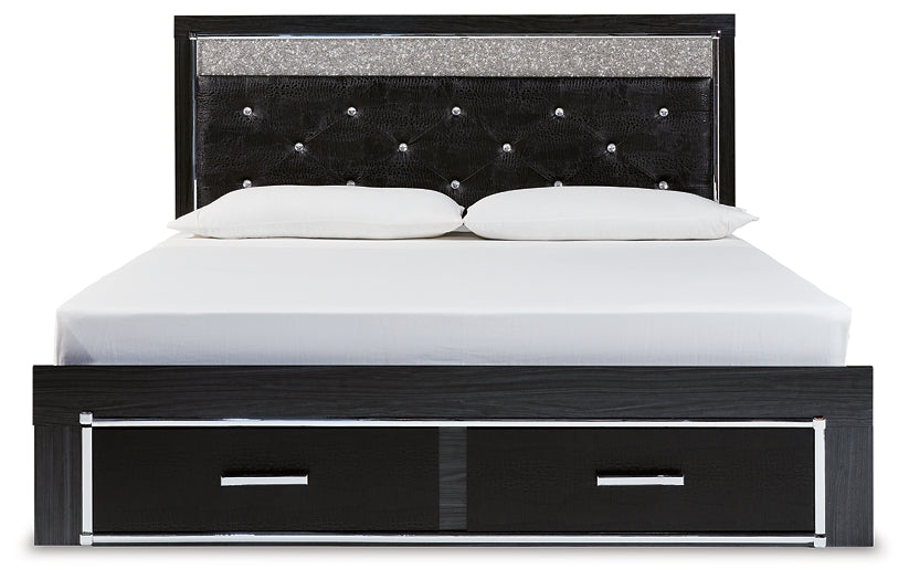 Kaydell King Upholstered Panel Storage Platform Bed with Mirrored Dresser and Chest Homeline Furniture