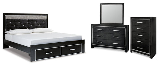 Kaydell King Upholstered Panel Storage Platform Bed with Mirrored Dresser and Chest Homeline Furniture