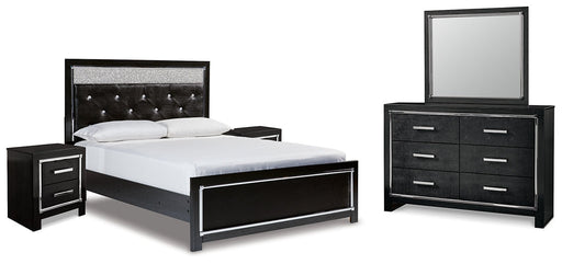 Kaydell Queen Upholstered Panel Bed with Mirrored Dresser and 2 Nightstands Homeline Furniture