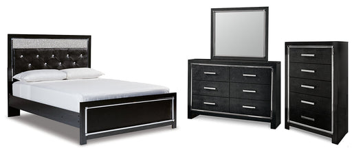 Kaydell Queen Upholstered Panel Bed with Mirrored Dresser and Chest Homeline Furniture