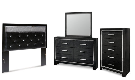 Kaydell Queen Upholstered Panel Headboard with Mirrored Dresser and Chest Homeline Furniture