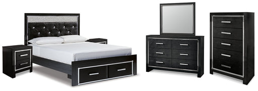 Kaydell Queen Upholstered Panel Storage Bed with Mirrored Dresser, Chest and 2 Nightstands Homeline Furniture