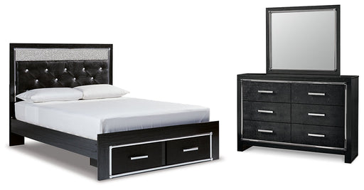 Kaydell Queen Upholstered Panel Storage Bed with Mirrored Dresser Homeline Furniture