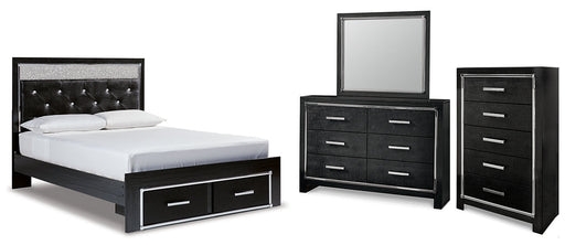 Kaydell Queen Upholstered Panel Storage Bed with Mirrored Dresser and Chest Homeline Furniture