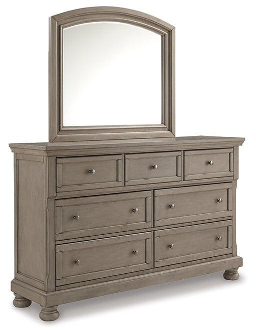 Lettner California King Panel Bed with Mirrored Dresser, Chest and 2 Nightstands Homeline Furniture