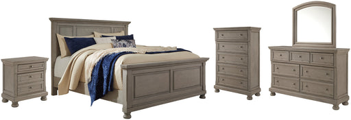 Lettner California King Panel Bed with Mirrored Dresser, Chest and Nightstand Homeline Furniture