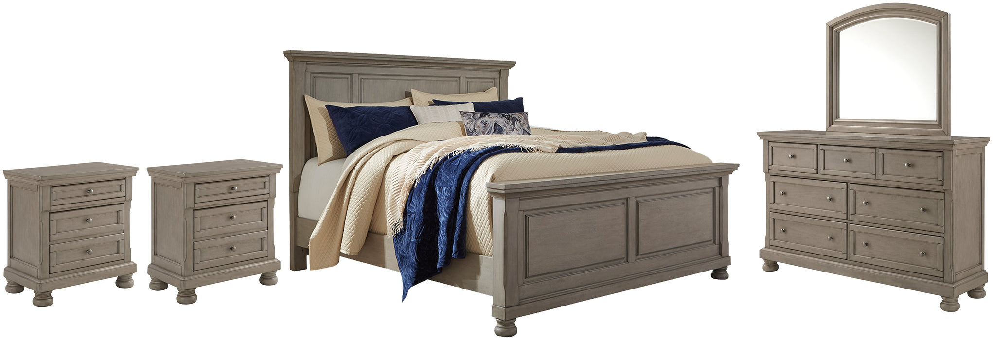 Lettner California King Panel Bed with Mirrored Dresser and 2 Nightstands Homeline Furniture