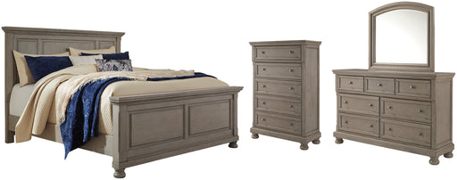 Lettner California King Panel Bed with Mirrored Dresser and Chest Homeline Furniture